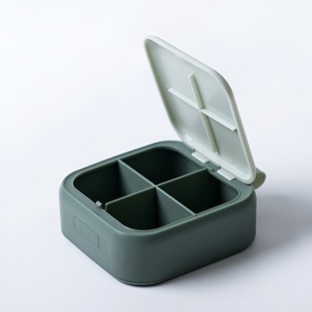 Cutie Depozitare Medicamente Mini,  4 Compartimente, Inchidere Etans, Portabila, Patrat, Verde, PP, 7.5x7.5x3 cm