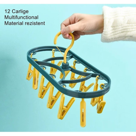 Uscator de Rufe Suspendat  cu 12 Carlige, Rotire 360 Grade, Protectie Vant, Mateiral Plastic, Usor de Depozitat, Multifunctional, 30 x 12.5 cm, Albastru/Galben