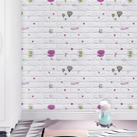 Set 10 Placi Tapet 3D,  70 x 77 cm, Grosime 3 mm, din Polietilena, Tip Caramida, Model cu Baloane, Suprafata acoperita 5.3 mp, Alb