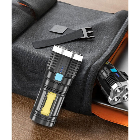 Lanterna LED Tactica 2 in 1,  4 Moduri de Iluminare, Tip Proiector COB, Rezistenta la Apa, Reincarcabila, USB, Lanterna de Drumetii, 13.6 x 5 cm, Negru