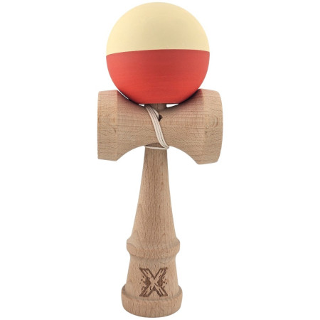 Kendama X Originala, Profesionala, Cyrax, Rubber Grip, din Lemn, 18 cm, Galben deschis/Rosu