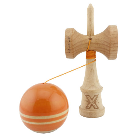 Kendama X Rainbow Originala, Profesionala, Cyrax, Big Cups V2, Super Sticky cu Cupe Mari, Rulment Metalic, din lemn 18 cm, Ata 55 cm, Portocaliu/Maro
