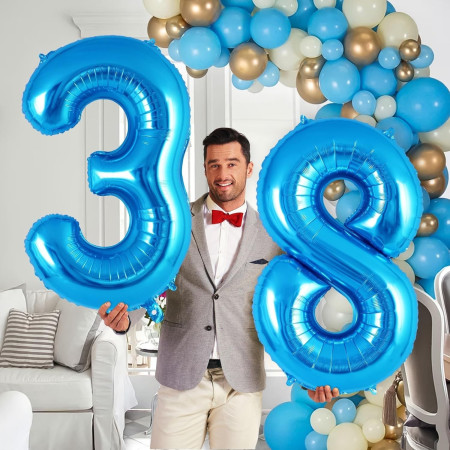 Balon din Folie Metalizata, Cyrax, Figurina Cifra, Tema Aniversare 100 cm, Ambalaj Individual, Pai inclus, Umflare cu Aer sau Heliu, Albastru, Cifra 3