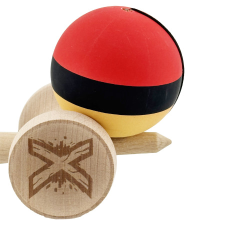 Kendama X Originala, Profesionala, Cyrax, Cupe Mari KING SIZE V3, Rubber Grip, Gaura in Baza, Rulment Metalic, din lemn 18 cm, Ata 62/65 cm, M Rosu/Negru/Galben
