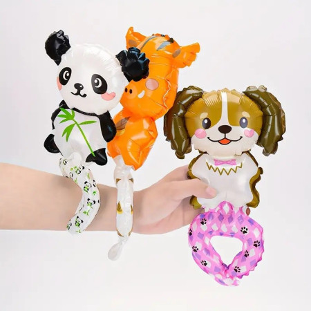 Balon din Folie Metalizata, Cyrax, Figurine Animalute, Tip Bratara, Model Catel, 13 x 35 cm, Ambalaj Individual, Pai Inclus, Umflare cu Aer sau Heliu, Maro