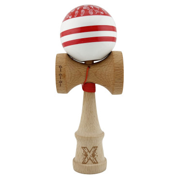 Kendama X CHICANOS Originala, Profesionala, Cyrax, Big Cups V2, Super Sticky cu Cupe Mari, Rulment Metalic, din lemn 18 cm, Ata 55 cm, Rosu/Alb
