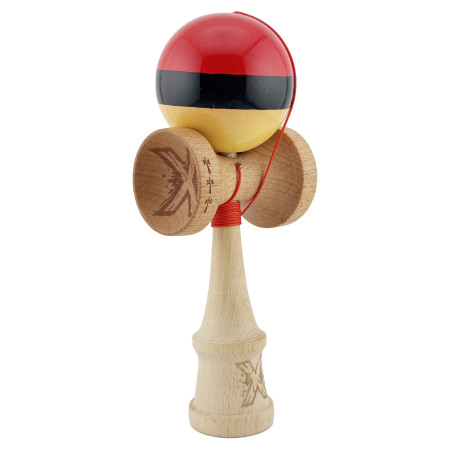 Kendama X Originala, Profesionala, Cyrax, Big Cups V2, Super Sticky cu Cupe Mari, Rulment Metalic, din lemn 18 cm, Ata 55 cm, Rosu/Negru/Galben