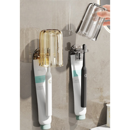 Suport Multifunctional 2 in 1, Pahar si Suport pentru Periuta de Dinti,  Plastic, Dimensiune: 10.4 x 7.3 x 7.3 cm, Roz