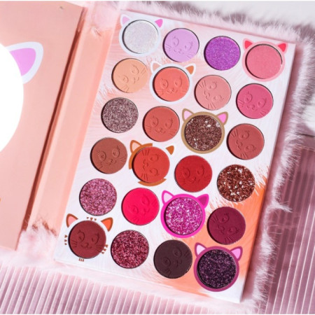 Set de Machiaj Kevin&Coco, 38 culori, Fard Ochi, Iluminatoare si Contouring, Husa Pufoasa, Model Pisicuta, 17.3x12.5x5 cm, Multicolor