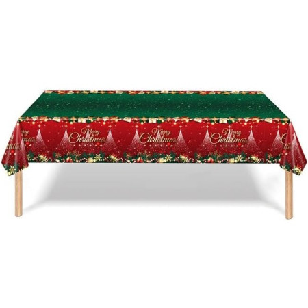 Fata de Masa Festiva, Cyrax, Dreptunghiulara, Imprimeu Merry Christmas, Tema Craciun, Rezistenta la Apa, din PVC, 137 x 274 cm, Rosu/Verde