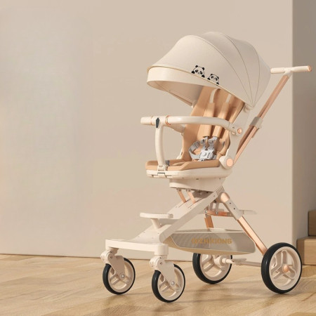 Carucior Sport Cyrax 3in1, 6-36 Luni, Pliabil, Tavita pentru Masa, Pat de Dormit, Centura de Siguranta, Roti 360 Grade, Reversibil, Parasolar, Maner Reglabil, 64 x 35 x 100 cm, Panda, Crem