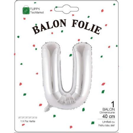 Balon Folie Metalizata Litera U, Cyrax, 40 cm, Umflati cu Heliu sau Aer, Ambalaj Individual, Pai inclus, Argintiu