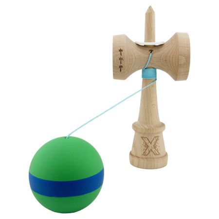 Kendama X Originala, Profesionala, Cyrax, Cupe Mari KING SIZE V3, Rubber Grip, Gaura in Baza, Rulment Metalic, din lemn 18 cm, Ata 62/65 cm, M Verde/Albastru/Verde