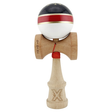 Kendama X ROYAL SPIKE Originala, Profesionala, Cyrax, Big Cups V2, Super Sticky cu Cupe Mari, Rulment Metalic, din lemn 18 cm, Ata 55 cm, Negru/Rosu Gold/Alb