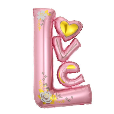 Balon din Folie Metalizata, Cyrax, Figurine, Model LOVE, Tematica Iubire, 110x64 cm, Ambalaj Individual, Pai Inclus, Umflare cu Aer sau Heliu, Roz