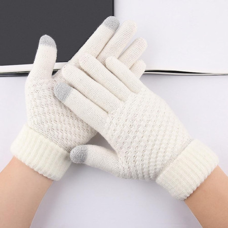 Manusi de Dama,  Functie Touchscreen (ecran tactil), Material Acril Tricotat, Manseta Elastica, Interior Catifelat, Marime Universala, Alb