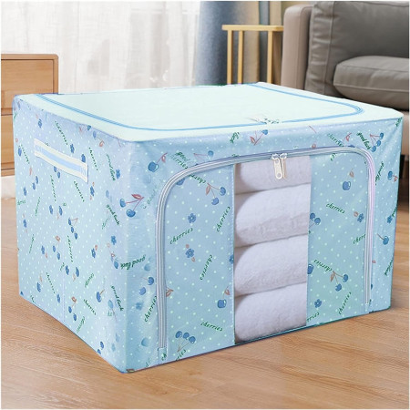 Cutie de Depozitare Pliabila,  Cu Fermoar, 66 L, Textil, 50x40x33 cm, cu 2 Ferestre, Cadru Metalic, Suport Baza Stabil din Plastic, Imprimeu Cirese, Albastru