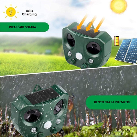 Aparat Solar LED cu Ultrasunete,  Repelent pentru Animale Mari si Mici, Lumina Rosie si Alba, Anti Rozatoare, Anti Insecte, 15 x 14 x 24 cm, Verde