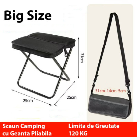 Scaun Taburet Pliabil pentru Camping,  pentru Adulti, Scaun Portabil, Pescuit, din Panza Oxford si Cadru Metalic, Mare 31 x 29 x 25 cm, Negru