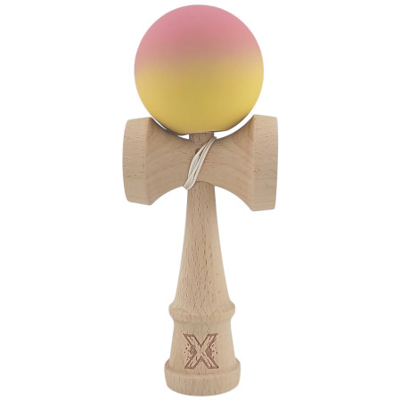Kendama X Originala, Profesionala, Cyrax, din Lemn, Rubber Grip, 18 cm, Roz/Galben