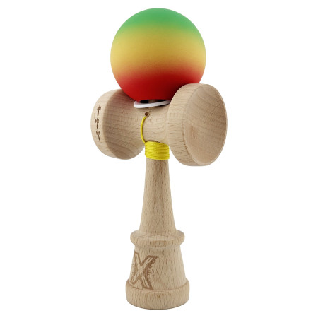 Kendama X Originala, Profesionala, Cyrax, Cupe Mari KING SIZE V3, Rubber Grip, Gaura in Baza, Rulment Metalic, din lemn 18 cm, Ata 62/65 cm, Gradient Verde/Galben/Rosu