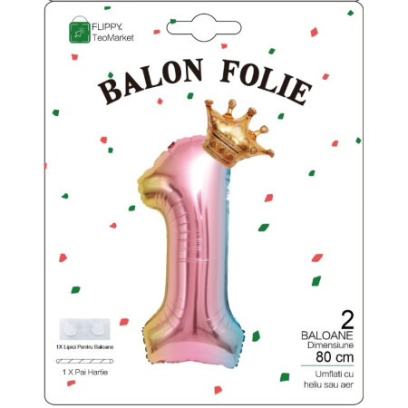 Balon din Folie Metalizata, Cyrax, Figurina Cifra Gradient, Tema Aniversare 80 cm, Ambalaj Individual, Pai inclus, Umflare cu Aer sau Heliu, Coronita, Cifra 1
