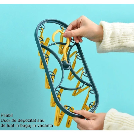 Uscator de Rufe Suspendat  cu 12 Carlige, Rotire 360 Grade, Protectie Vant, Mateiral Plastic, Usor de Depozitat, Multifunctional, 30 x 12.5 cm, Albastru/Galben