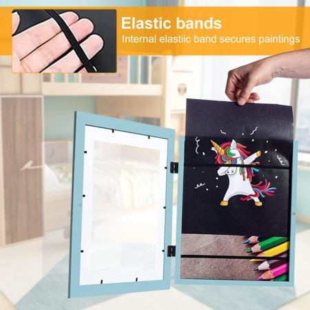 Rama Foto  cu Magnet, din Lemn, cu Spatiu Pentru Depozitare, Pentru Desene si Picturi A4, Sticla Securizata, Rama MDF, 21x30 cm, Albastru