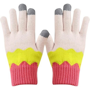 Manusi de Dama,  Model Ondulat, Functie Touchscreen (ecran tactil), Material Acril Tricotat, Manseta Elastica, Interior Catifelat, Marime Universala, Galben/Roz