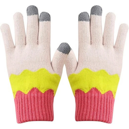 Manusi de Dama,  Model Ondulat, Functie Touchscreen (ecran tactil), Material Acril Tricotat, Manseta Elastica, Interior Catifelat, Marime Universala, Galben/Roz