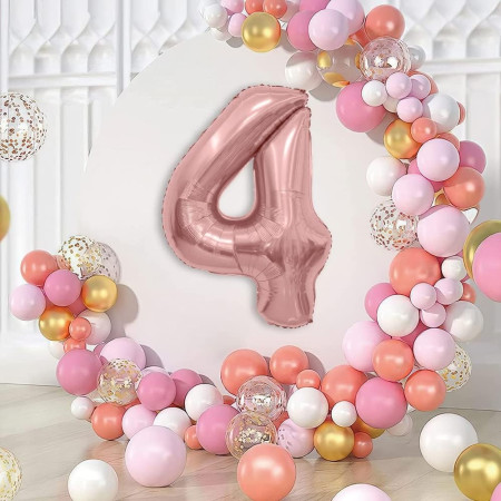 Balon din Folie Metalizata Cyrax, Figurina Cifra, Tema Aniversare 80 cm, Ambalaj Individual, Pai inclus, Umflare cu Aer sau Heliu, Rose, Cifra 4