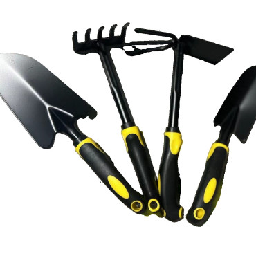 Set 4 Unelte de Gradina  pentru Plantare, Prelucrare Sol si Ingrijire Plante, Material PVC Carbon, Grebla, Sapaliga cu Cap Dublu, Lopata Mica, Lopata Lata, 43 x 11 cm, Negru/Galben