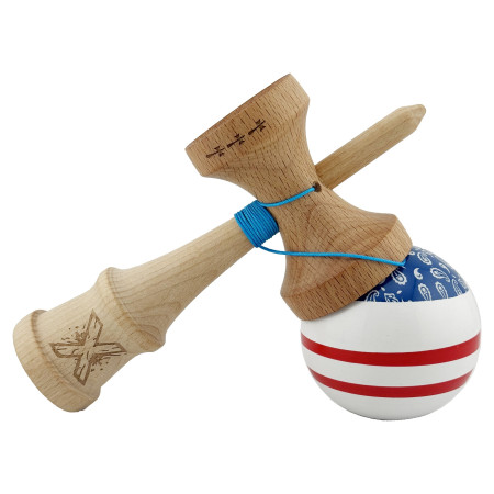 Kendama X CHICANOS Originala, Profesionala, Cyrax, Big Cups V2, Super Sticky cu Cupe Mari, Rulment Metalic, din lemn 18 cm, Ata 55 cm, Albastru/Alb