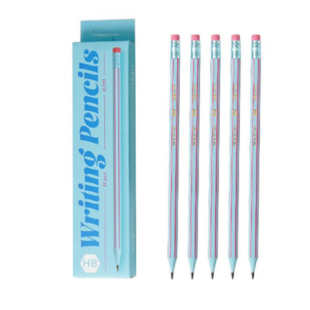 Set 12 Creioane Negre,  HB, pentru Scoala, cu Radiera, Model Albastru Deschis-Roz, 19 cm