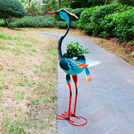 Decoratiune pentru Gradina,  Flamingo pentru Gradina cu Suport pentru Plante Flori, Ornament de Ghiveci de Flori, Model Flamingo, din Fier, 71 x 34 x 22 cm, Albastru