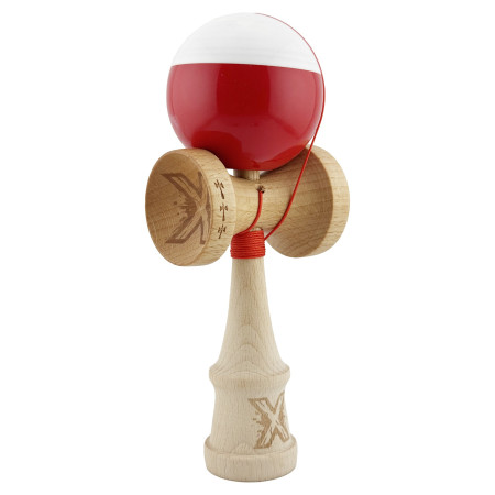 Kendama X Originala, Profesionala, Cyrax, Big Cups V2, Super Sticky cu Cupe Mari, Rulment Metalic, din lemn 18 cm, Ata 55 cm, Alb/Rosu