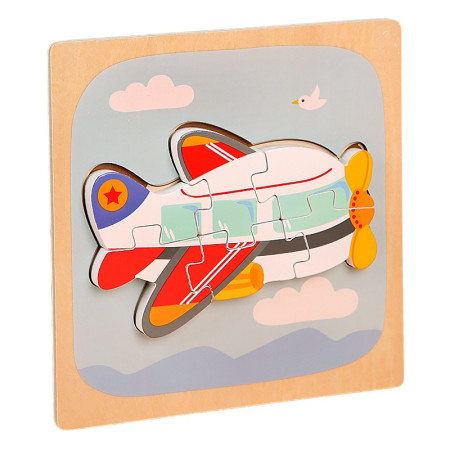 Puzzle Montessori din Lemn pentru Copii, Cyrax, 3D, 0-3 Ani, Model Avion, Educativ, Intuitiv, Creativ, 6 Piese, 15x15x0.5 cm, Multicolor