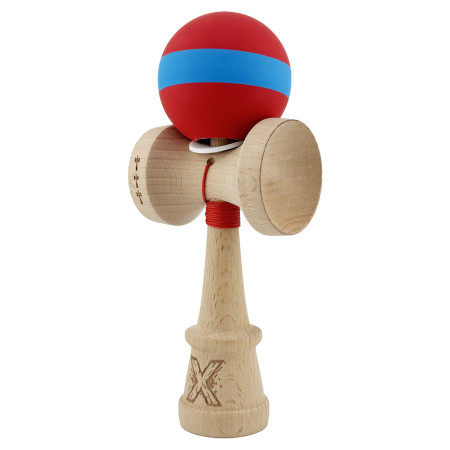 Kendama X Originala, Profesionala, Cyrax, Cupe Mari KING SIZE V3, Rubber Grip, Gaura in Baza, Rulment Metalic, din lemn 18 cm, Ata 62/65 cm, M Bicolor Rosu/Albastru