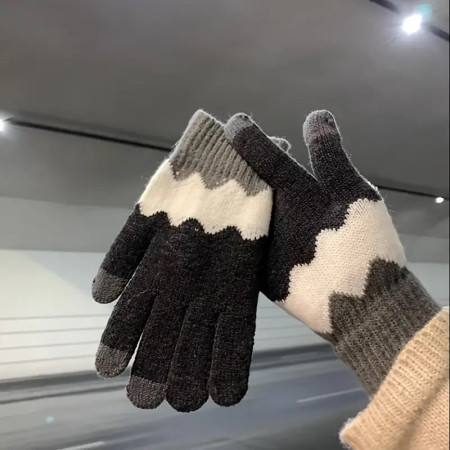 Manusi de Dama,  Model Ondulat, Functie Touchscreen (ecran tactil), Material Acril Tricotat, Manseta Elastica, Interior Catifelat, Marime Universala, Gri/Alb