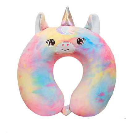 Perna de Calatorie in Forma de U,  Pentru Gat si Cap, Umplutura din Spuma cu Memorie, 30x30 cm, Model Unicorn, Accesoriu de Voiaj, Birou, Masina, Sistem Prindere Capse, Multicolor