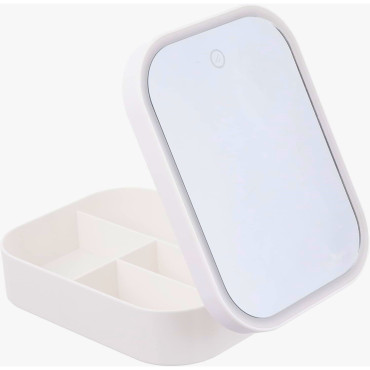 Portfard, Cyrax, Geanta Cosmetice, cu Oglinda LED, 3 Moduri de Lumina, Incarcare USB, Baterie 1200 mAh, pentru Organizarea Cosmeticelor, 4 Compartimente, Imitatie Piele, Alb, 16.5x11.5x6 cm