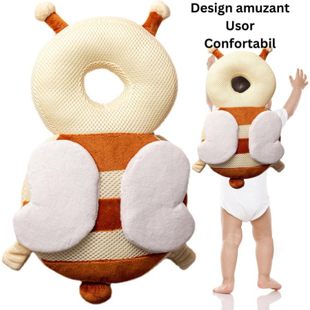 Perna tip Rucsac pentru Protectia Capului,  Tetiera tip Albina, pentru Bebelusi, Design tip Plasa, 33x6x19 cm, 180 g, Maro/Bej