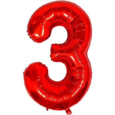 Balon din Folie Metalizata Cyrax, Figurina Cifra, Tema Aniversare 80 cm, Ambalaj Individual, Pai inclus, Umflare cu Aer sau Heliu, Rosu, Cifra 3