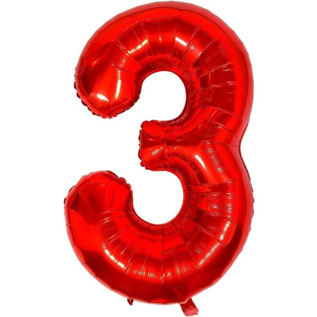 Balon din Folie Metalizata Cyrax, Figurina Cifra, Tema Aniversare 80 cm, Ambalaj Individual, Pai inclus, Umflare cu Aer sau Heliu, Rosu, Cifra 3