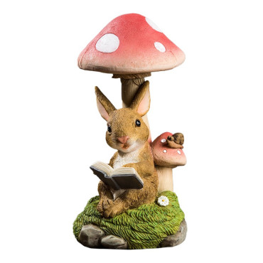 Decoratiune pentru Gradina,  Lumini LED cu Incarcare solara, 19.5 x 9.5 x 9.5 cm, Model Ciuperca cu Iepuras care Citeste, Maro deschis