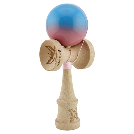 Kendama X Originala, Profesionala, Cyrax, Big Cups V2, Super Sticky cu Cupe Mari, din lemn 18 cm, Rulment Metalic cu Ata 55 cm, Albastru/Roz