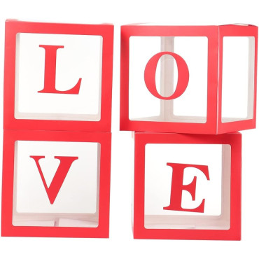 Set 4 Cutii pentru Baloane, Cyrax, Model Scris Love, Tematica Iubire, Cuburi Decorative din Plastic, Accesorii pentru Petrecere, 30x30 cm, Transparente Contur Rosu