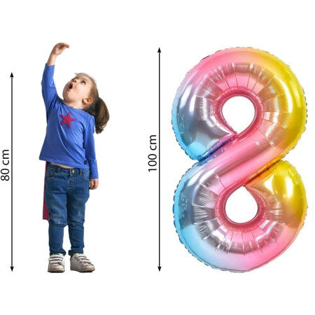 Balon din Folie Metalizata Gradient Cyrax, Figurina Cifra, Tema Aniversare 100 cm, Ambalaj Individual, Pai inclus, Umflare cu Aer sau Heliu, Multicolor, Cifra 8