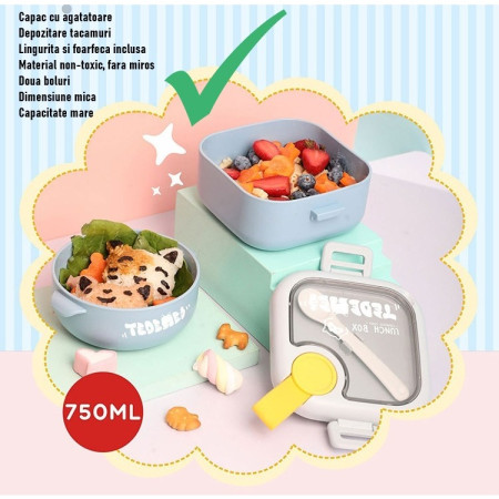 Caserola pentru copii Cyrax, lunch box, 750 ml, doua boluri, lingura, foarfeca din plastic, rezistenta la scurgeri, Albastra