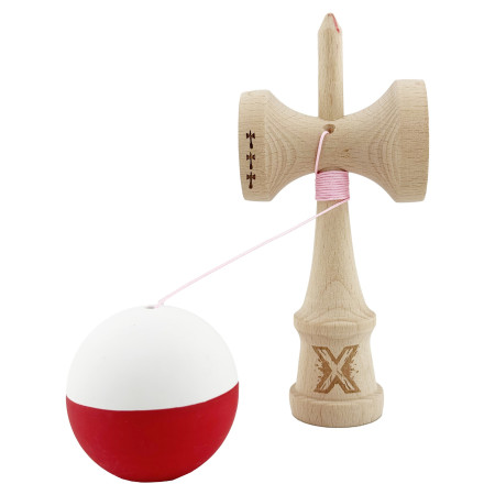 Kendama X Originala, Profesionala, Cyrax, Big Cups V2, Rubber Grip cu Cupe Mari, Rulment Metalic cu Ata 55 cm, Alb/Rosu